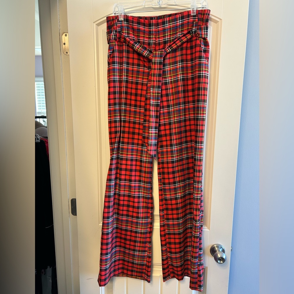 New York & Company Red Plaid Wide Leg Pants